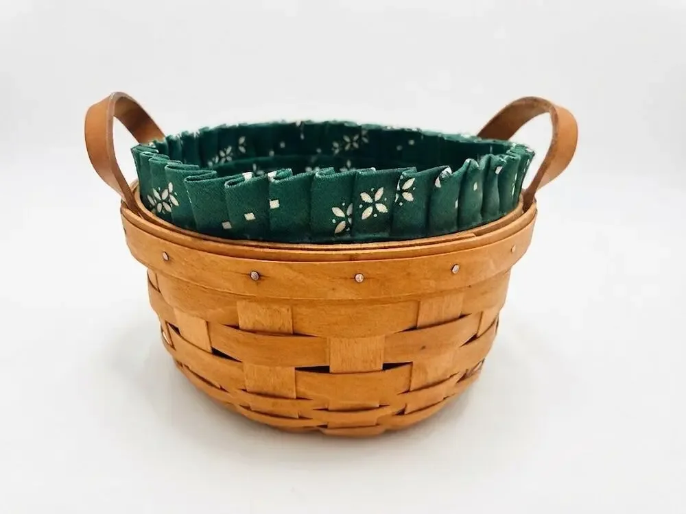 Vintage 1994 Longaberger Handwoven Round Basket - Leather Handles & Fabric Liner